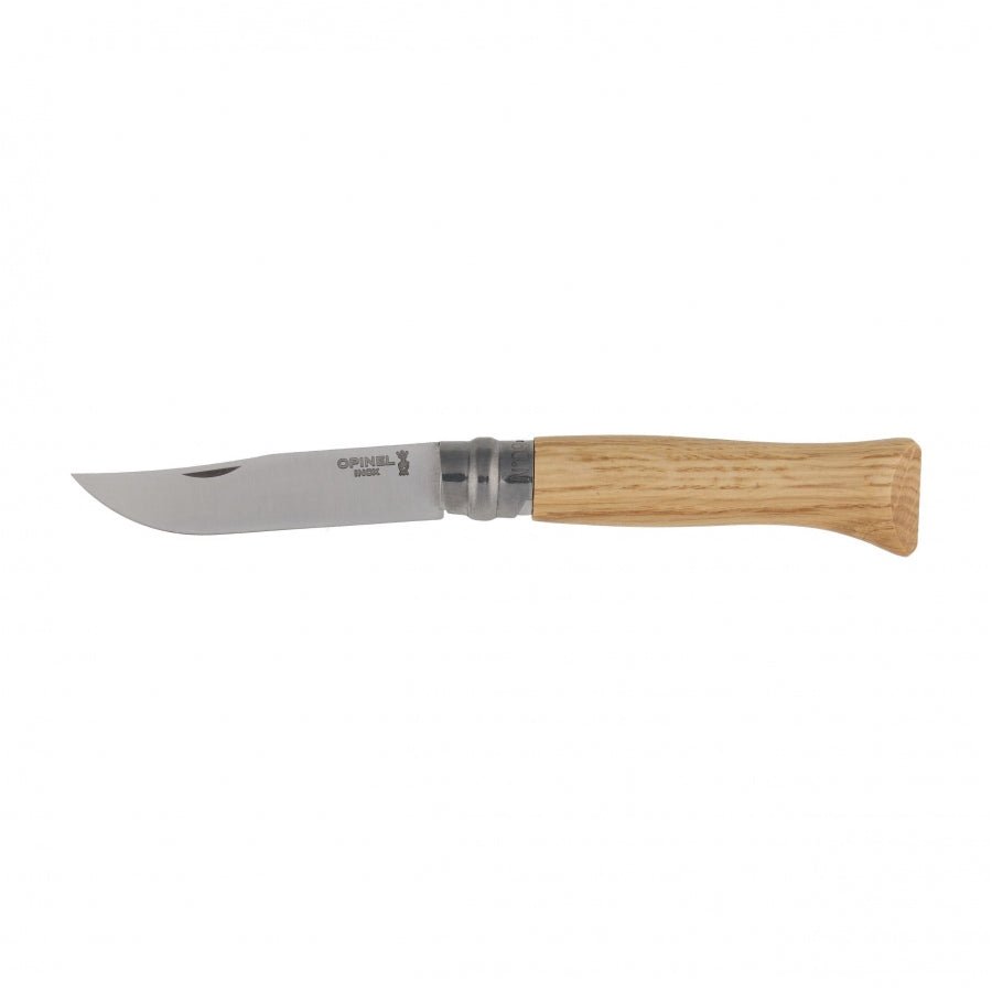 Opinel No. 09 Inox Taschenmesser aufgeklappt, mit hellbraunem Holzgriff und Ring als Verriegelung
