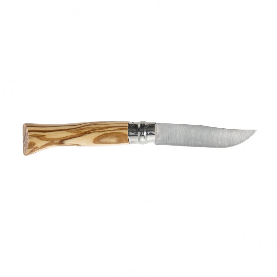 Opinel N°09 Inox aufgeklappt mit der Klinge nach rechts und gestreiftem Holzgriff