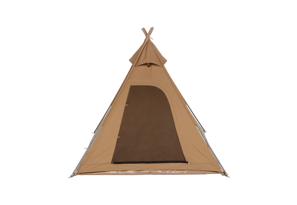 CanvasCamp Oryx Pyramidenzelt, sandfarbenes Tipi mit offener Tür und dunklem Netz, von vorne