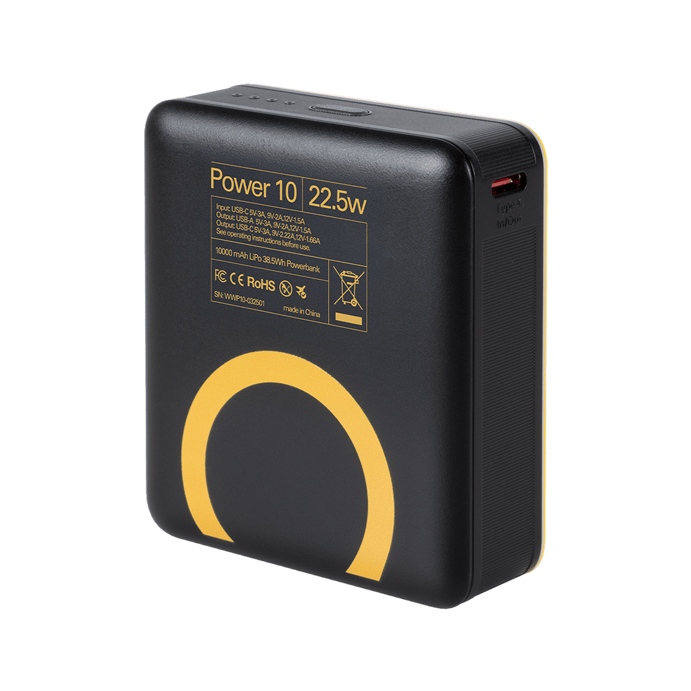 WakaWaka Power 10 Rückseite, schwarz mit gelbem Kreis und dem Typenschild Power 10 22.5W
