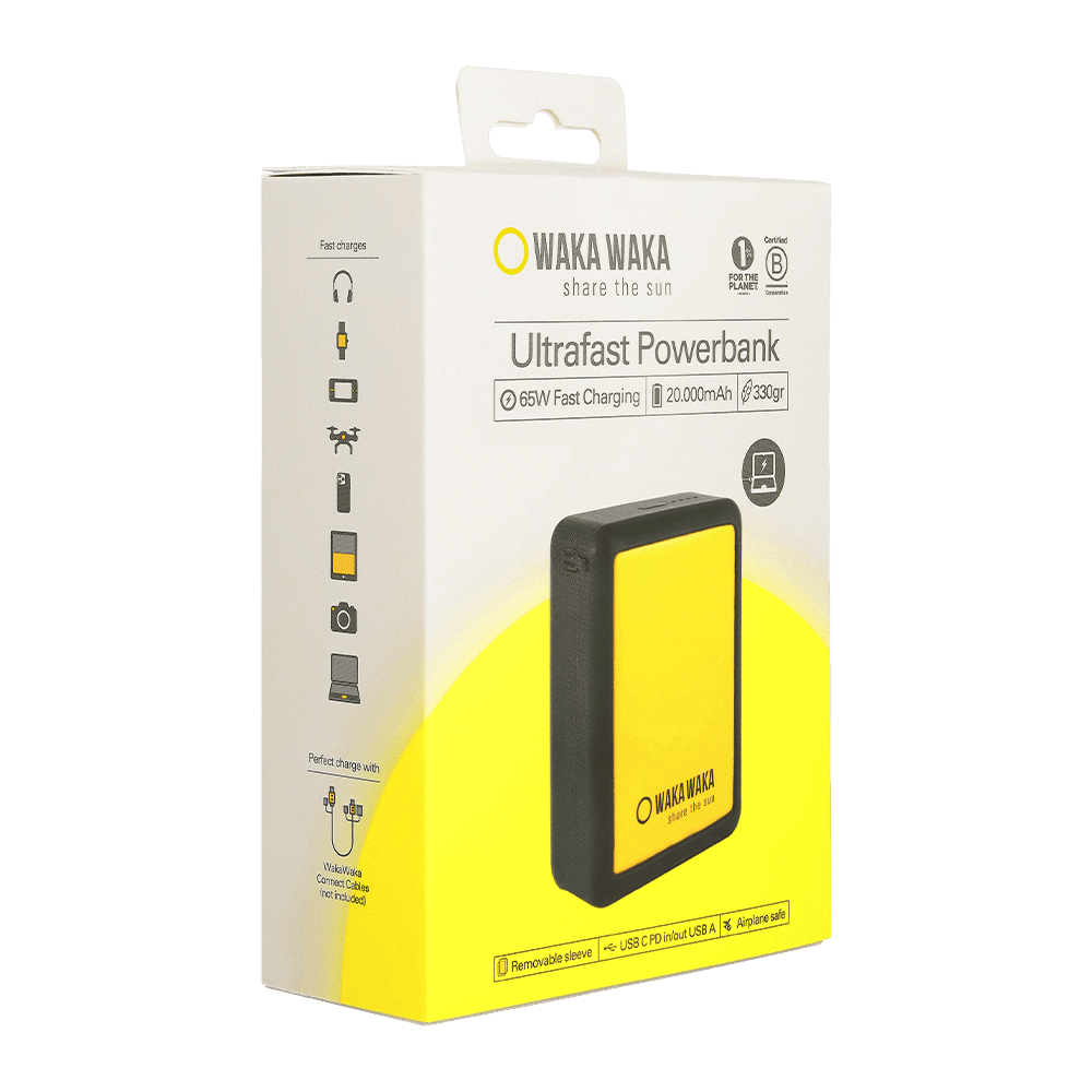 WakaWaka Power 20 Powerbank in der Verpackung mit der Aufschrift Ultrafast Powerbank, gelb und schwarz
