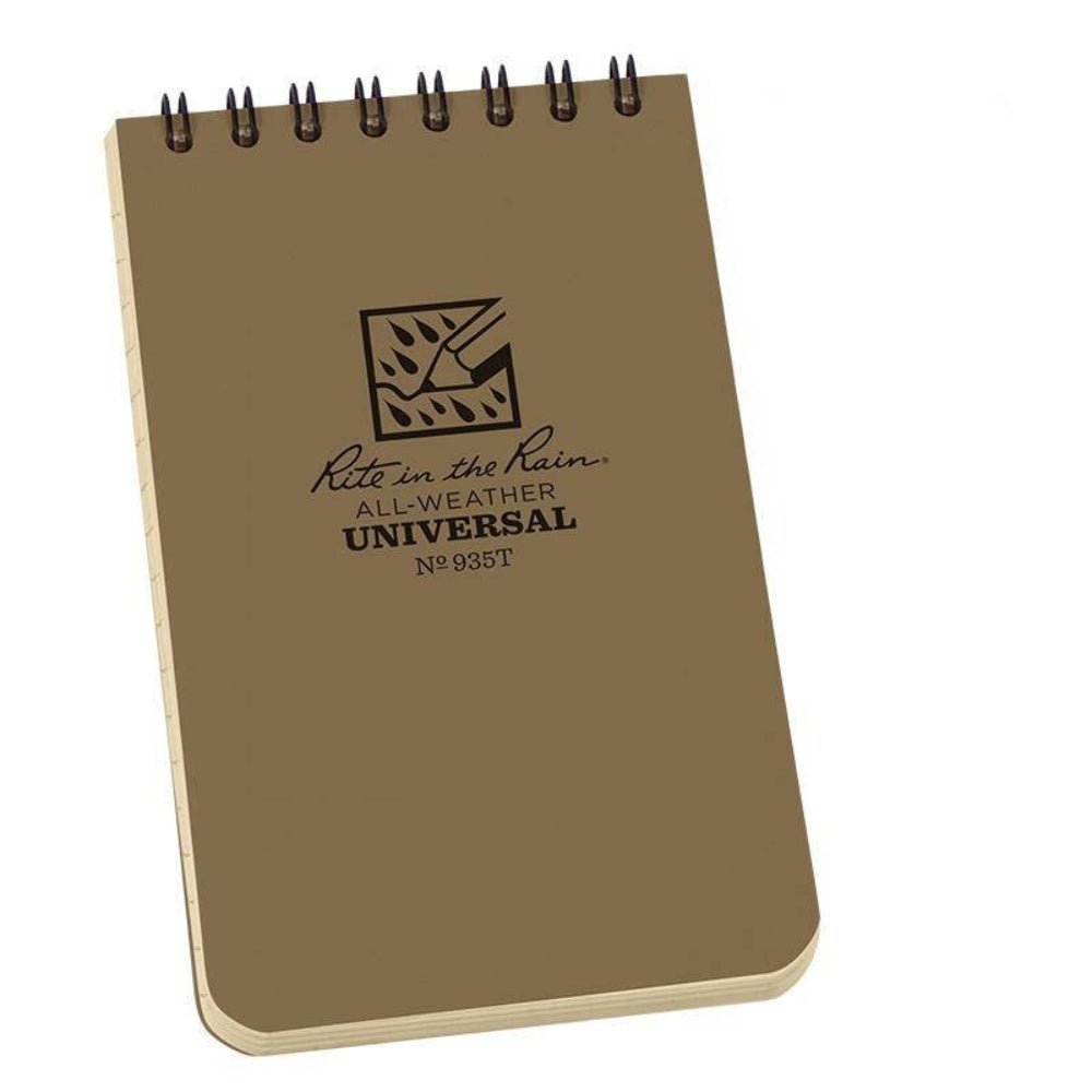 Rite in the Rain Spiralnotizbuch in Sandfarbe, Umschlag mit Logo und dem Text Universal