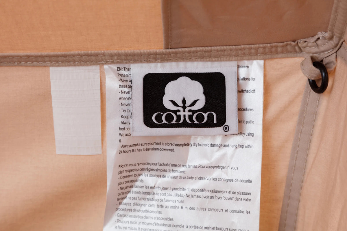 CanvasCamp Roman Traveller, Etikett mit Cotton-Logo an der Innenseite des Zelts