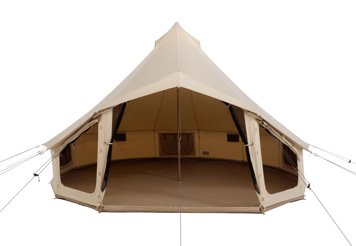 CanvasCamp Sibley Apex 520 Panorama mit vollständig offener Vorderseite und Blick ins Innere