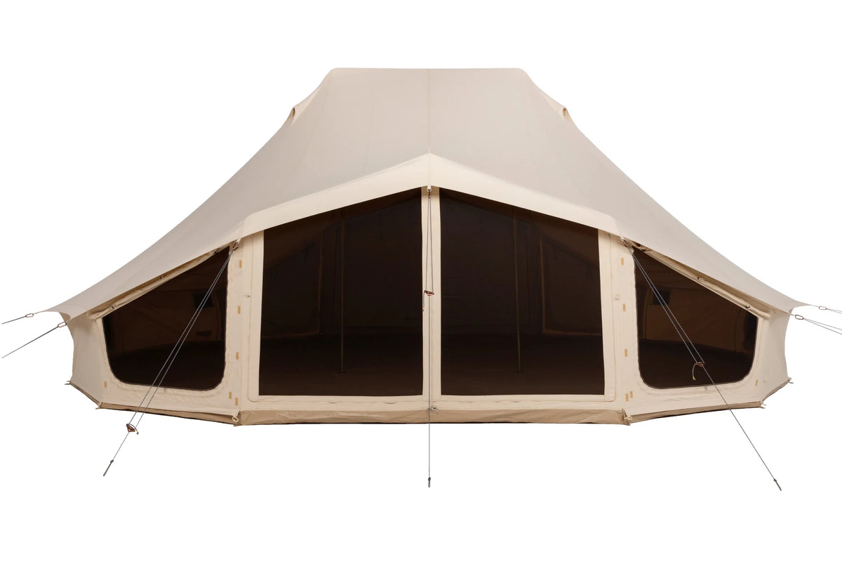 CanvasCamp Sibley Apex 720 Twin mit Moskitonetz in der Tür und in beiden Seitenwänden des Vorbaus