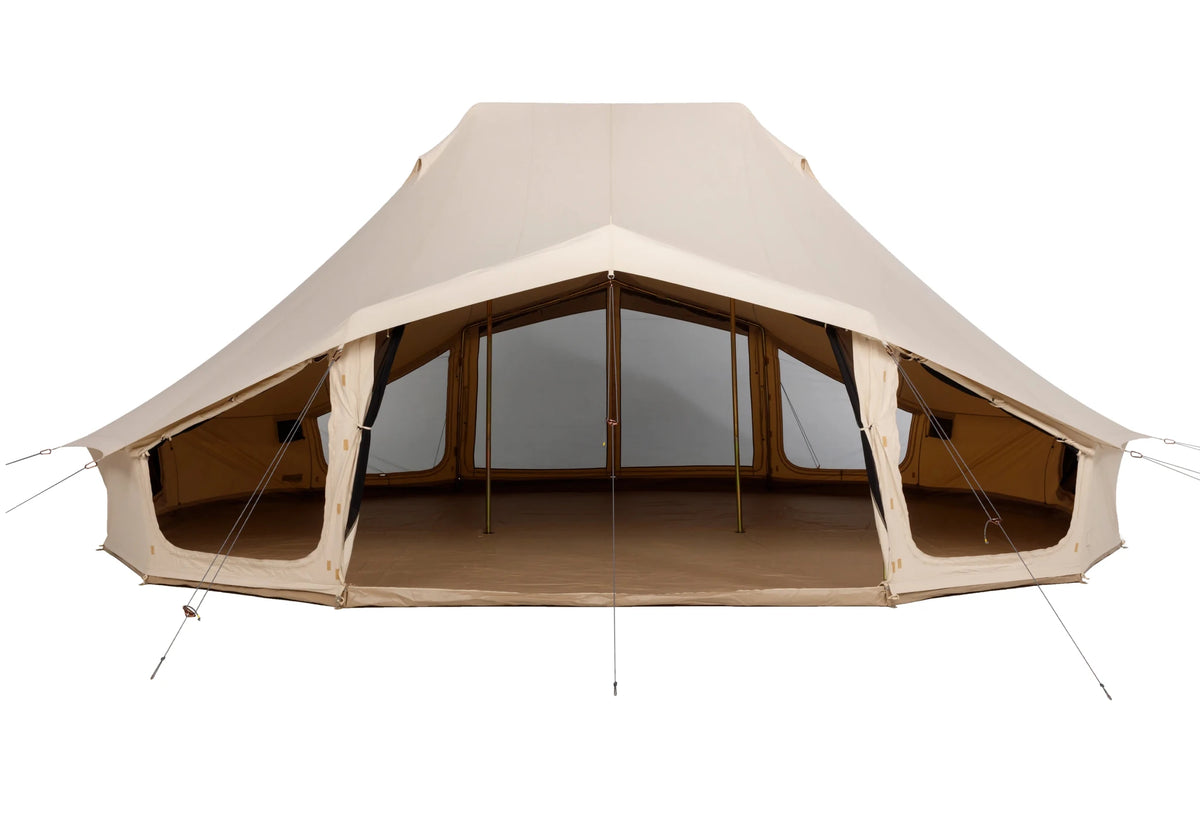 CanvasCamp Sibley Apex 720 Twin mit komplett offener Front und Blick auf den Zeltboden innen