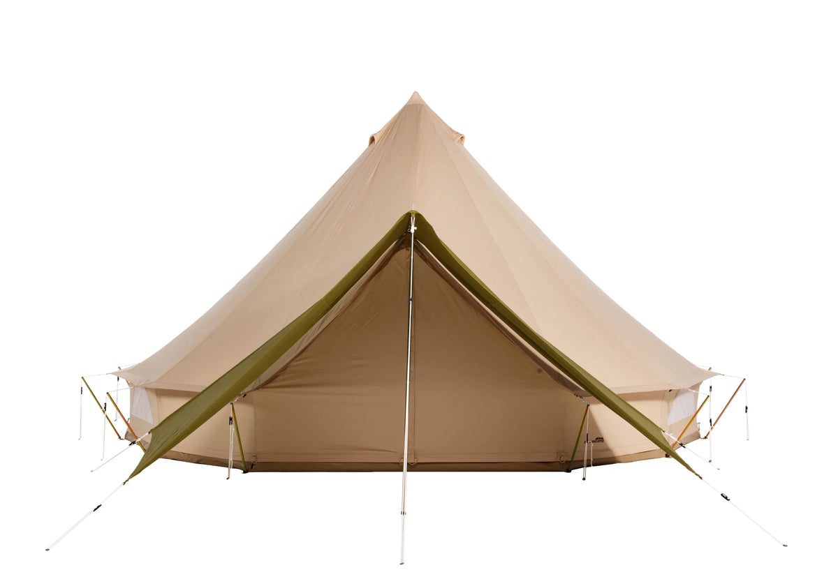 CanvasCamp Sibley Bell Tent Connector Vordach in Olivgrün über dem Eingang, Vorderansicht
