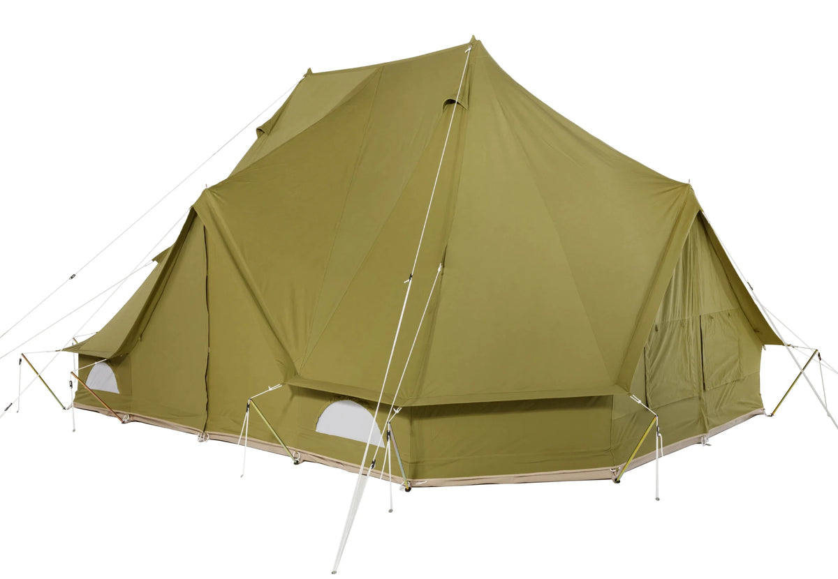 CanvasCamp Sibley ProTech 600 Twin in Olivgrün, schräg von vorne mit Abspannleinen