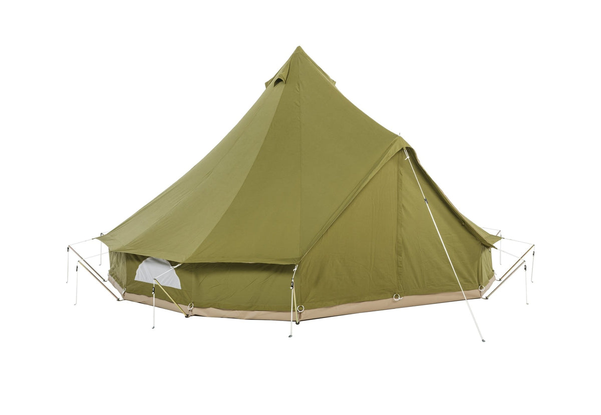 CanvasCamp Sibley ProTech 400 in grünem Canvas, schräg von der Seite mit Seitenfenster