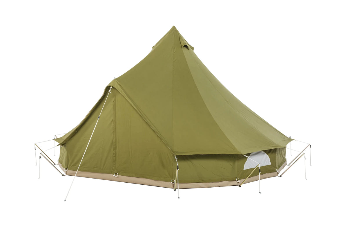 CanvasCamp Sibley ProTech 450 in Olivgrün, schräg von vorne mit Fenster in der Seitenwand