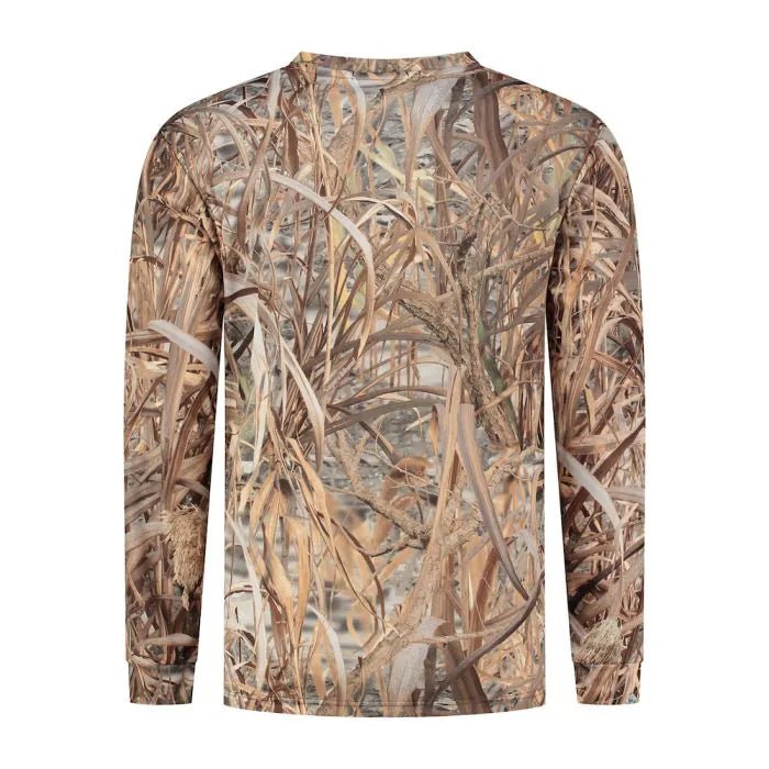 Stealth Gear Langarmshirt Camo Schilfmuster von hinten mit beigen und braunen Schilfhalmen