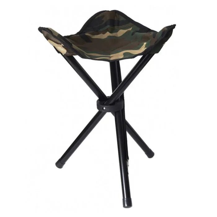 Stealth Gear Klapphocker mit drei schwarzen Beinen und Sitzfläche aus Tarnstoff