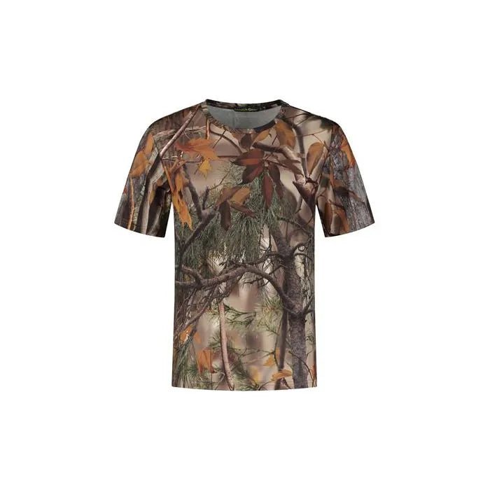 Stealth Gear T-Shirt kurzarm mit Camo-Waldmuster aus Ästen und Herbstlaub, Vorderseite
