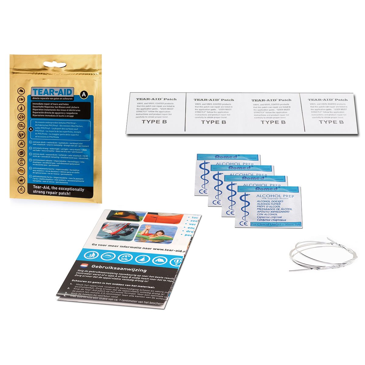 Tear-Aid A Inhalt des Sets: Verpackung, Reparaturstreifen, einzelne Tütchen und Gebrauchsanweisung