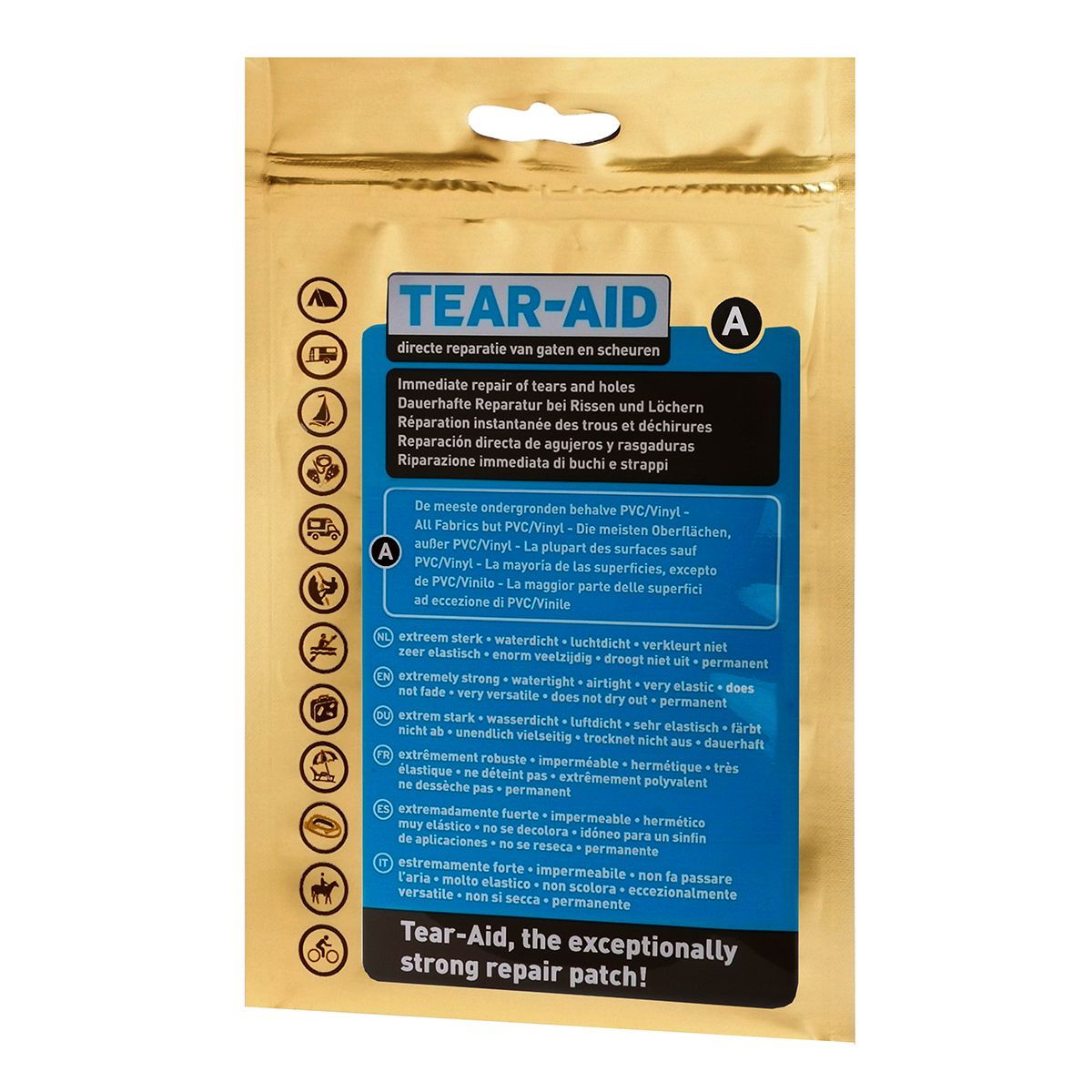 Tear Aid Typ A Reparaturflicken in goldfarbener Verpackung mit blauem Etikett, Vorderseite