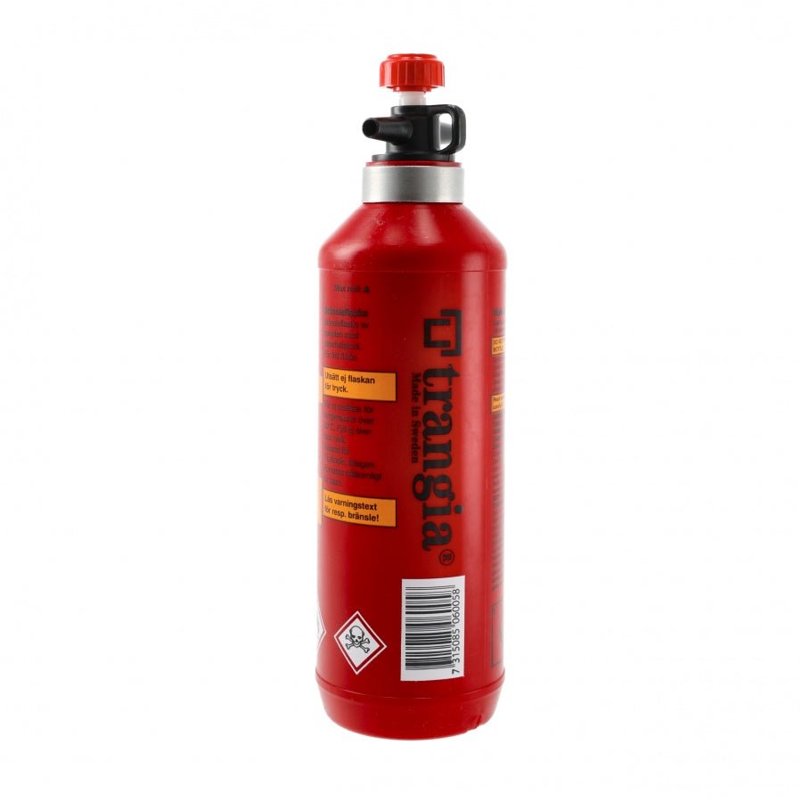 Trangia Brennstoffflasche in Rot, höhere Flasche mit Ausgießer und Warnetikett