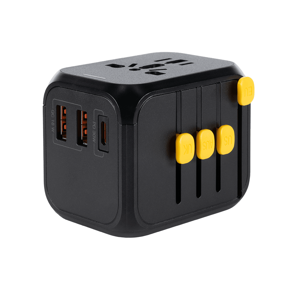 WakaWaka Travelcharger Seite mit zwei USB-A-Anschlüssen, einem USB-C-Anschluss und gelben Schiebern