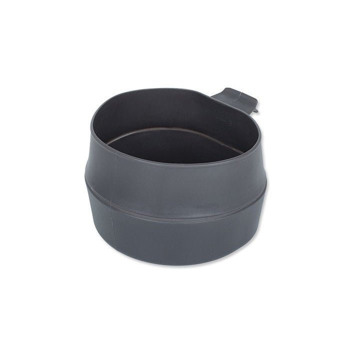 Wildo Fold-A-Cup Big in Dunkelgrau, aufgeklappt mit dem Henkel hinten