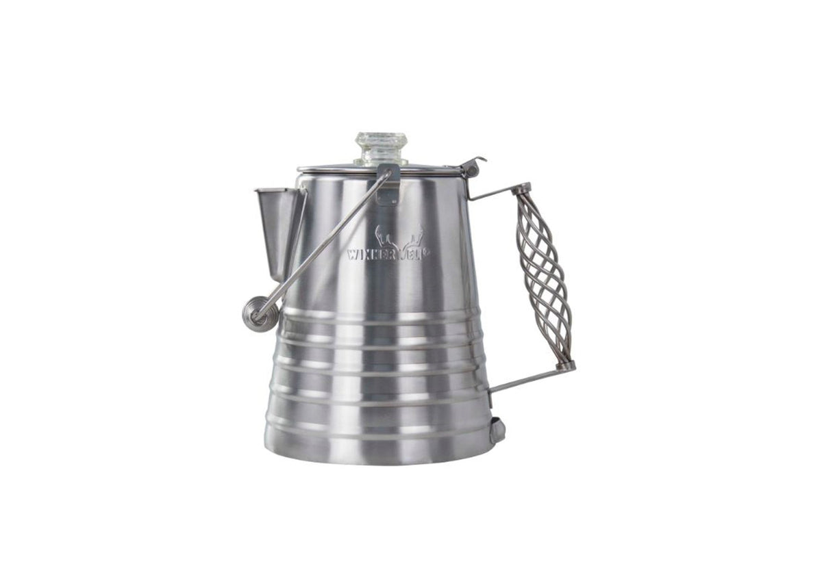 Winnerwell Perkolator Kaffeekanne von der Seite mit Glasknauf, Ausguss und geflochtenem Griff