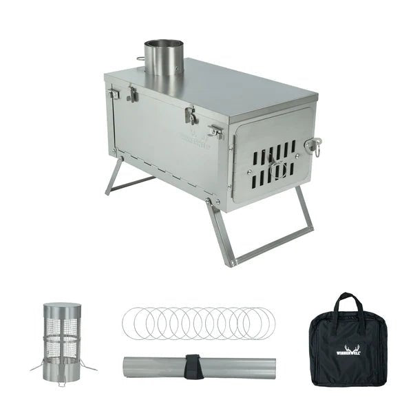 Winnerwell Fastfold Titan Ofen mit Gitterrohr, Ringen, aufgerolltem Rohr und schwarzer Tasche