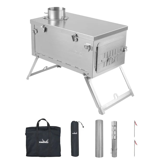 Winnerwell Fastfold Titan Ofen mit ausgeklappten Beinen über den mitgelieferten Taschen und Rohren