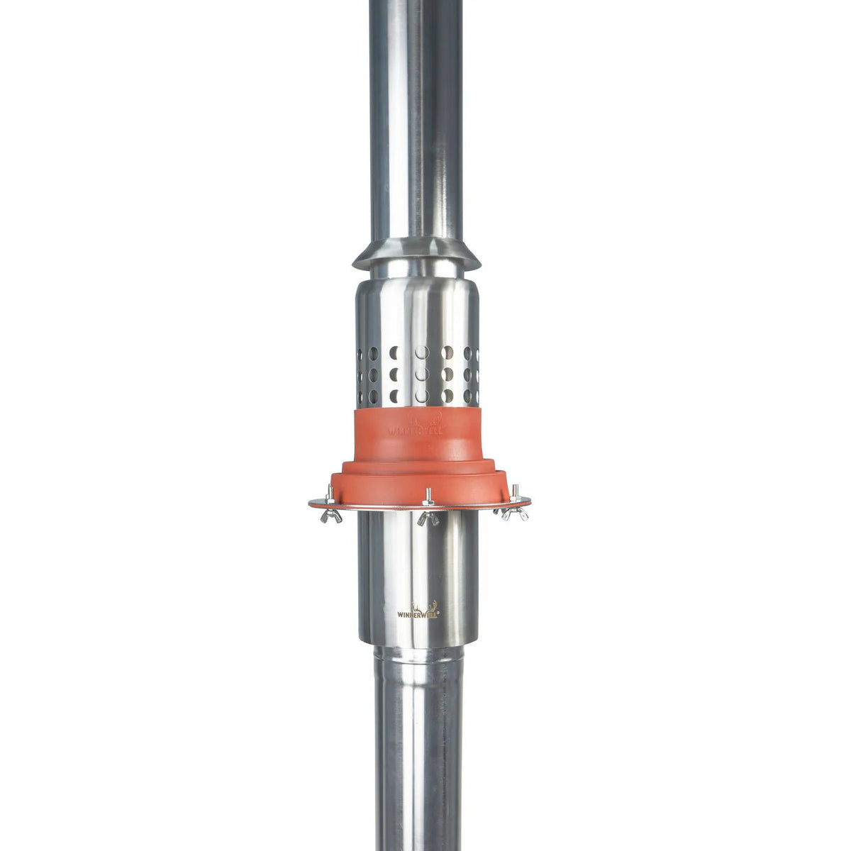 Winnerwell Flue Pipe Heat Shield um ein Ofenrohr, mit einer roten Abdichtung darum