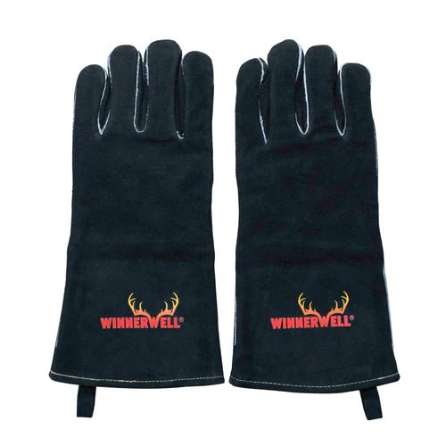 Winnerwell Hitzeschutzhandschuhe, schwarzes Paar mit orangem Geweih-Logo und rotem Markennamen