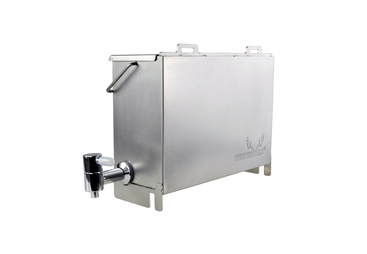 Winnerwell Wassertank, rechteckiger Metallbehälter mit kleinem Hahn und Henkel, schräg von der Seite