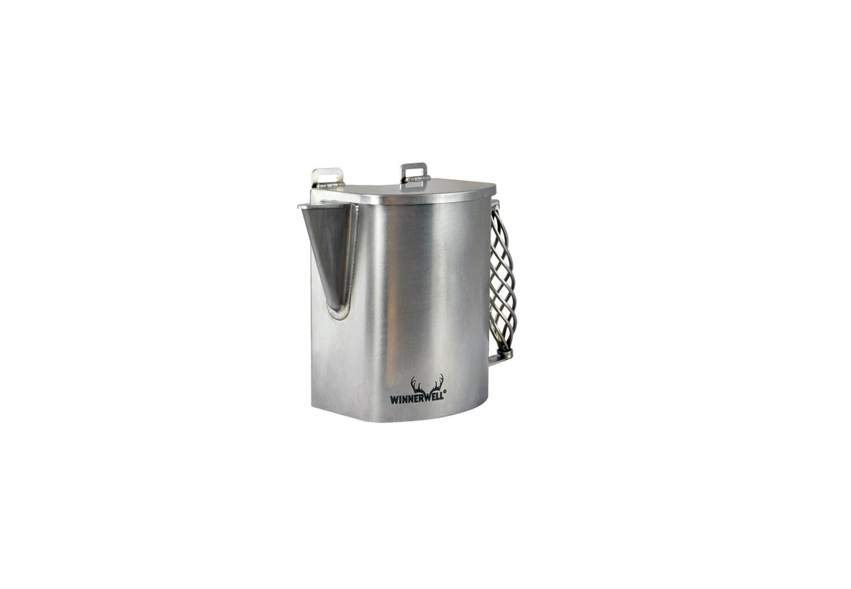 Winnerwell Wassertank als Kessel schräg von vorne mit dem Ausguss nach links und dem Hirschlogo