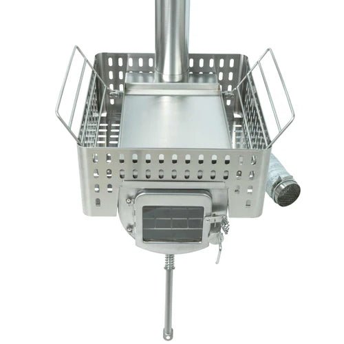Winnerwell Woodlander Sauna Stove schräg von oben mit leerem Steinkorb und ausgeklappten Griffen
