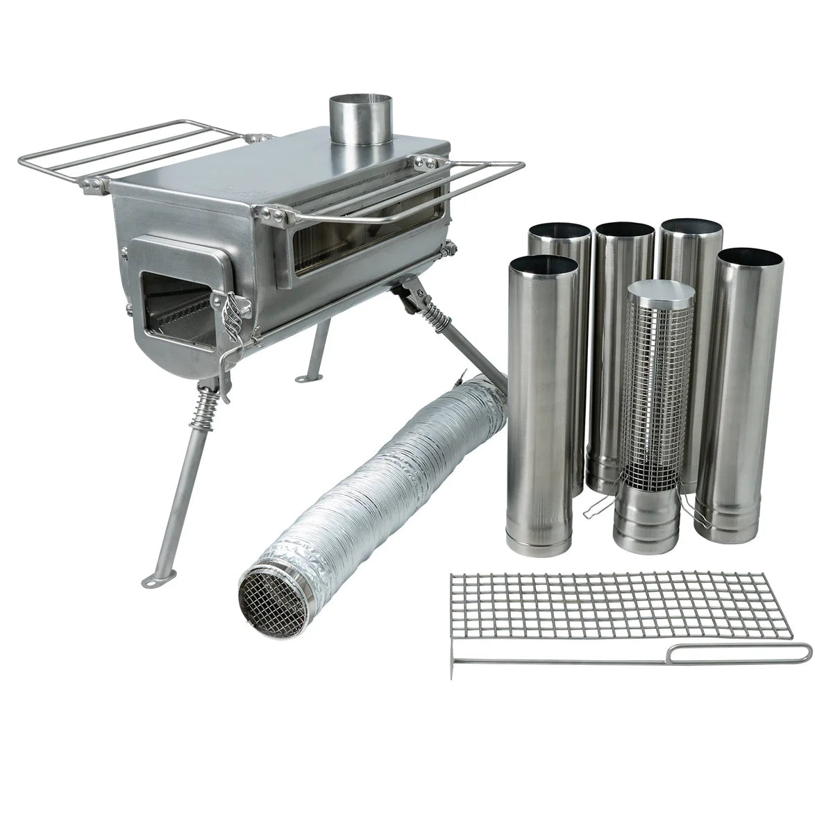 Winnerwell Woodlander Plus Double View Zeltofen mit Schornsteinrohren, flexiblem Luftschlauch und Rost