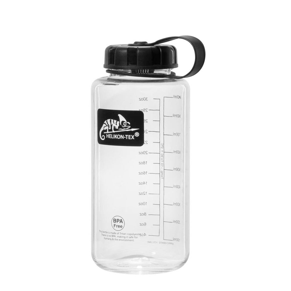 Helikon Tourist Trinkflasche in breiter Ausführung, durchsichtig mit Logo, Messstrichen und schwarzem Deckel