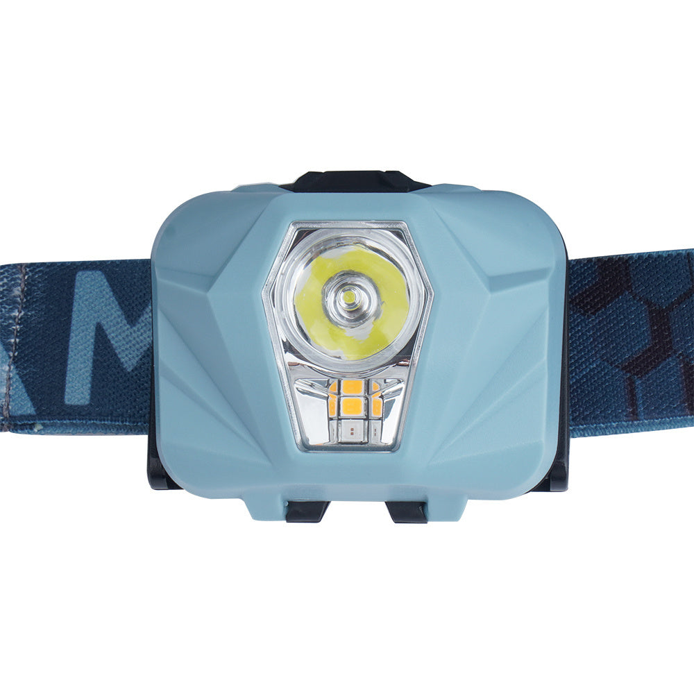 Mactronic Base Camp von vorne, hellblaue Lampe mit großer LED und kleinen orangen Leuchten darunter