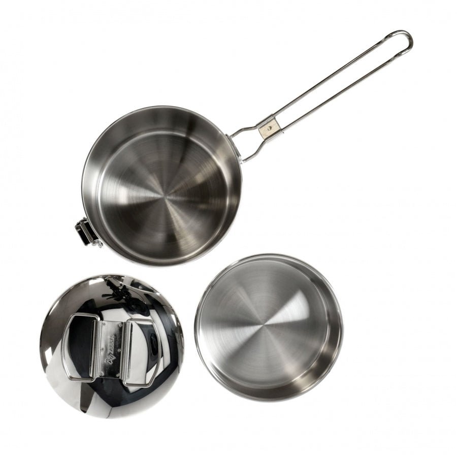 Zebra Thailand Kochset zerlegt, Pfanne mit Klappstiel, Schüssel und Deckel von oben